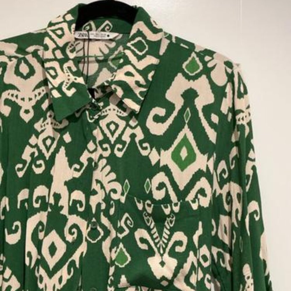 Zara Long Print Green Dress - Like New - L - Picture 2 of 3